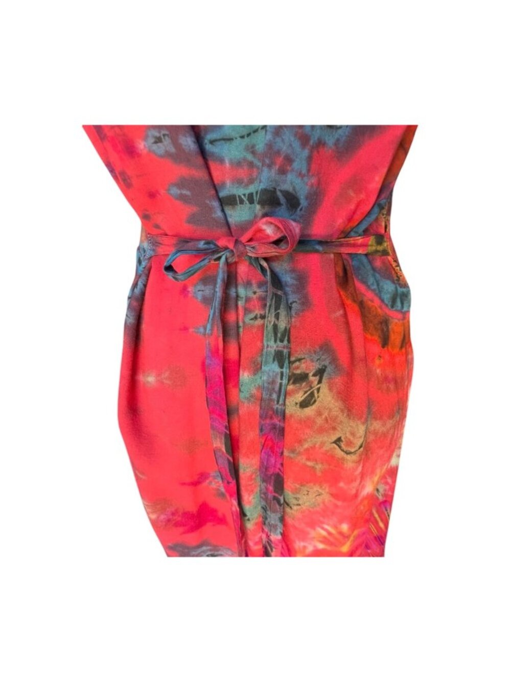 Asian Style Dress Maxi Tie-Dye Sleeveless Mandarin Collar Waist Ties Multicolor - Picture 7 of 11